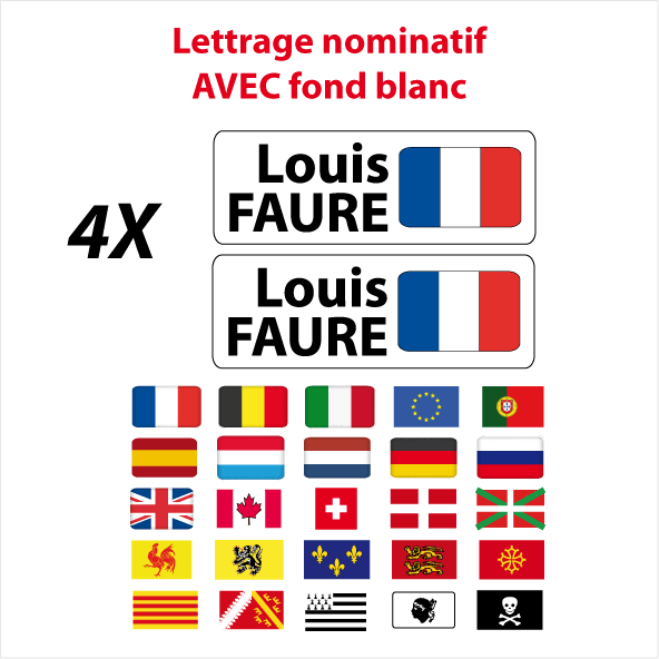 Lettrage imprimé nom prénom drapeau blanc 2 lignes - Stickers Perso